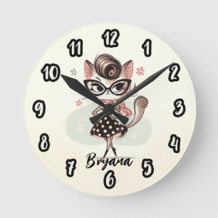 Horloge Ronde Kitten Féminin Rétro Vintage Avec Lunettes de Chat