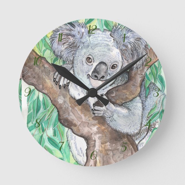 Horloge Ronde Koala dans la peinture d'arbre Eucalyptus (Recto)