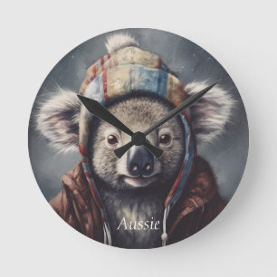 Horloge Ronde Koala Mignon avec Chapeau d'Hiver Nom Personnalisé