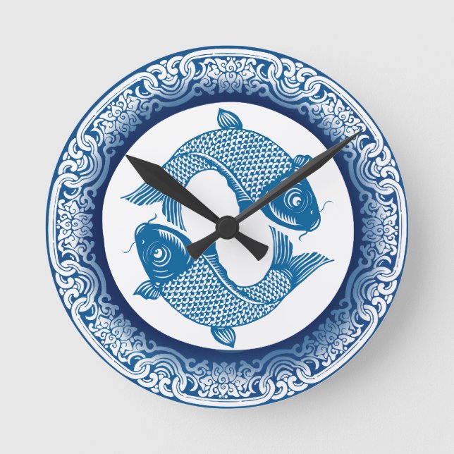Horloge Ronde Koi Carp Poisson Chinoiserie Motif bleu (Recto)