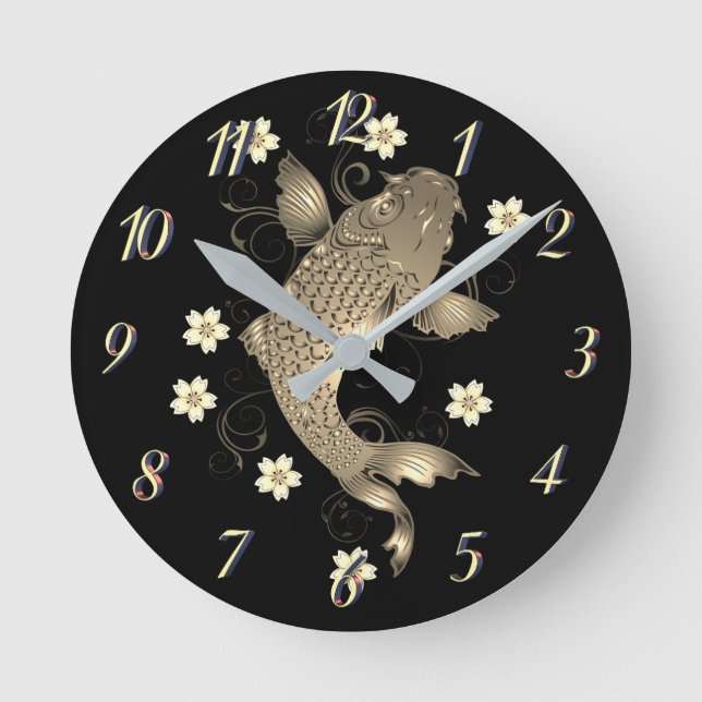 Horloge Ronde Koi poisson oriental noir et or floral élégant (Recto)