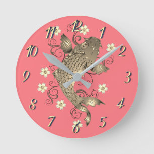 Horloge Ronde Koi poisson oriental pêche or floral japonais