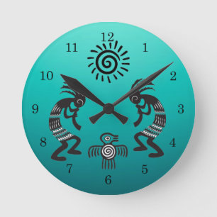 Horloge Ronde Kokopelli With Native Sun and Native Bird