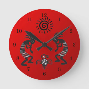 Horloge Ronde Kokopelli With Native Sun and Native Bird