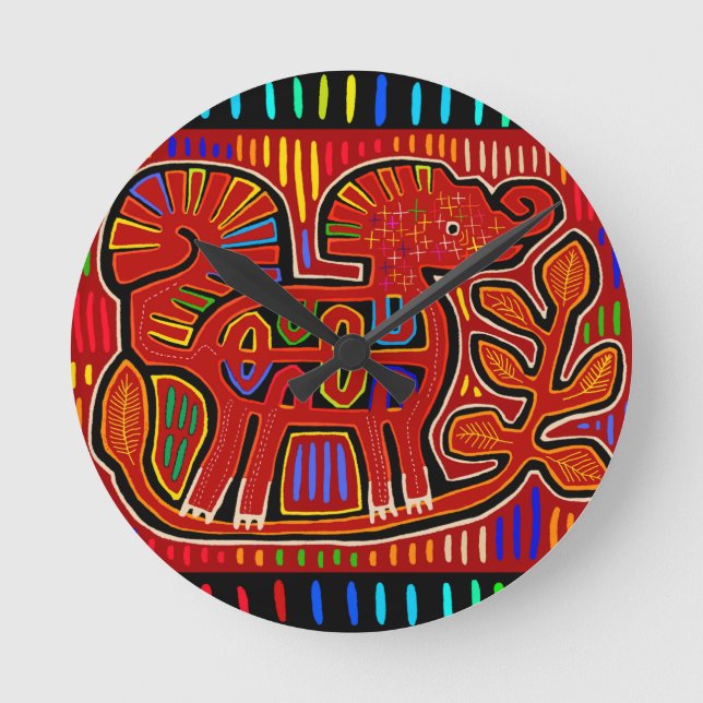 Horloge Ronde Kuna Indian Baby Elephant - Mola Folk Art (Recto)