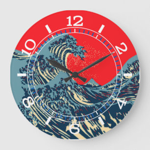 Horloge Ronde La Grande vague de Hokusai dans le style pop art D
