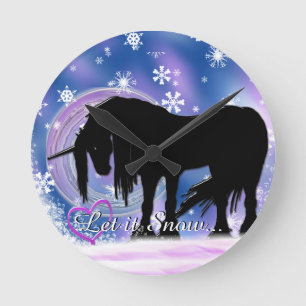 Horloge Ronde La licorne noire mystique (Qu'Elle Neige)