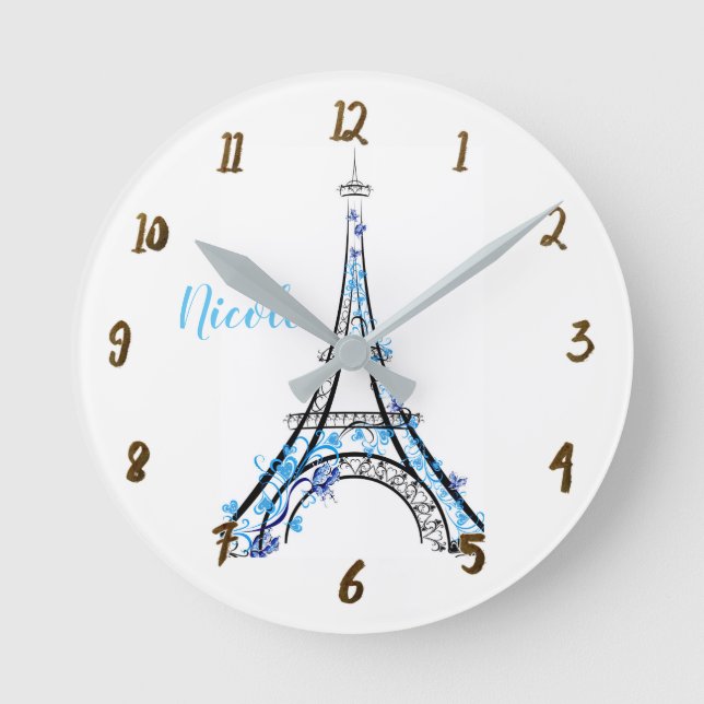 Horloge Ronde La tour Eiffel bleu violet Floral Paris Personnali (Recto)