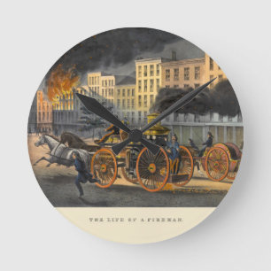 Horloge Ronde La vie d'un pompier Vintage 1860s Lithograph