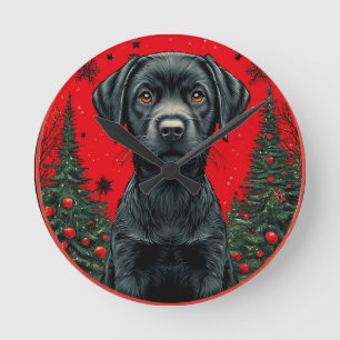 Horloge Ronde Labrador noir de Noël avec des arbres de fête