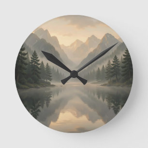 Horloge Ronde Lac de montagne brumeux, réflexion, forêt de pins,