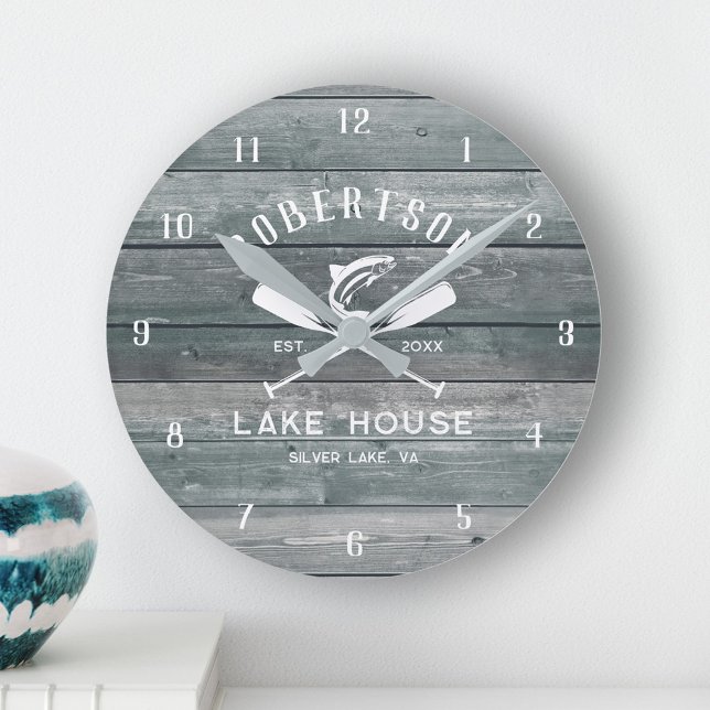 Horloge Ronde Lake House Nom de famille Rustic Turquoise Wood (Créateur téléchargé)