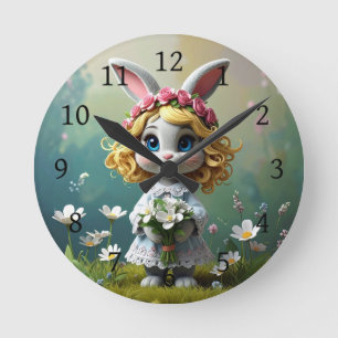 Horloge Ronde Lapin aux grands yeux bleus tenant un bouquet blan