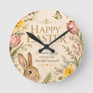 Horloge Ronde Lapin de Pâques vintage Fleurs de jardin de bienve