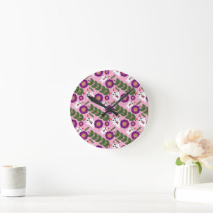 Horloge Ronde Lapin de printemps Kawaii : Floral maximaliste vio