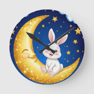 Horloge Ronde Lapin mignon assis sur un croissant de lune doré