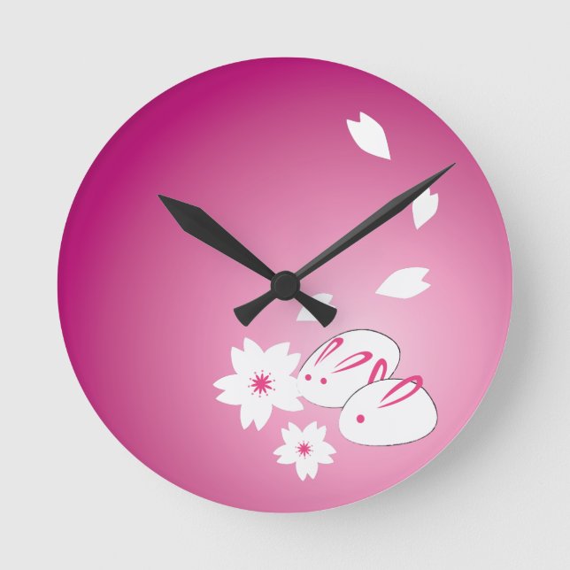 Horloge Ronde Lapins de neige japonais et Sakura (Recto)