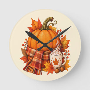 Horloge Ronde L'automne adorable - Citrouille souriante avec éch