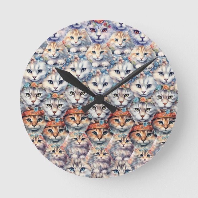 Horloge Ronde Le chat fait face au Motif Hexagon (Recto)