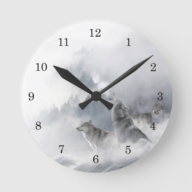 Horloge Ronde Le loup d'hiver hurle dans la neige (Recto)