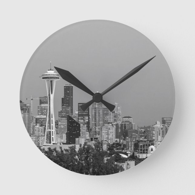 Horloge Ronde Le paysage urbain de Seattle noir et blanc (Recto)