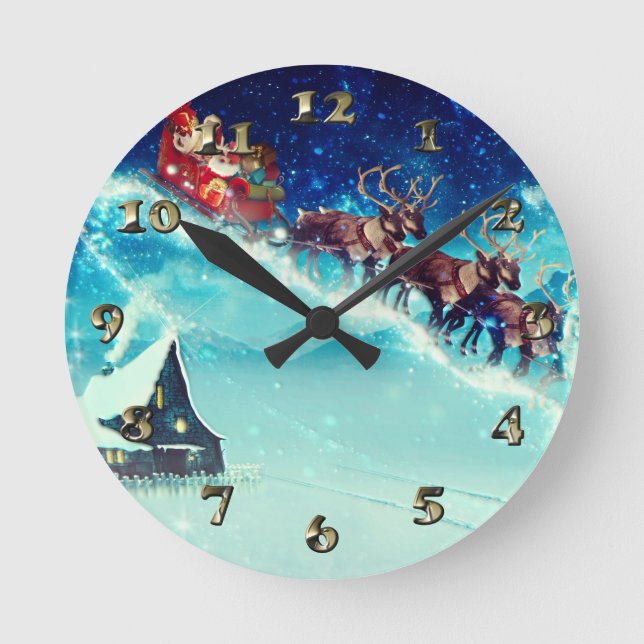 Horloge Ronde Le Père Noël vole avec un renne (Recto)