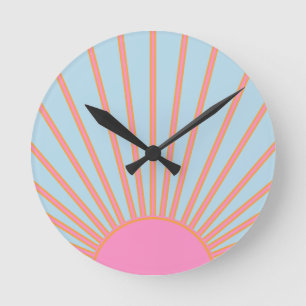 Horloge Ronde Le Soleil 02 Retro Soleil Rose Et Bleu Soleil