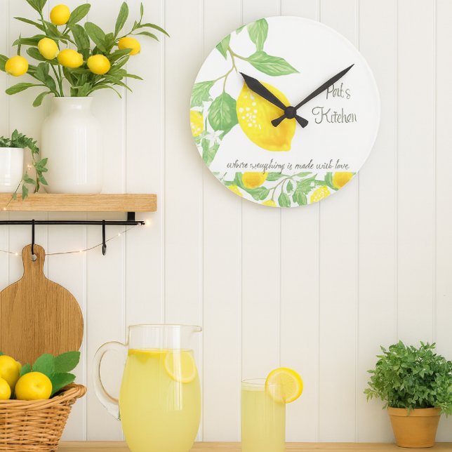 Horloge Ronde Lemon Citrus Custom Kitchen Wall Clock (Personalize this cheerful lemon citrus wall clock with a name. It makes an excellent gift )