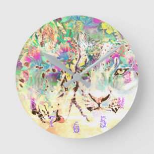 Horloge Ronde Léopard des neiges fleurs tropicales animal hawaïe