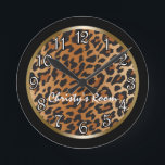 Horloge Ronde Leopard Print Black Gold Personalized Wall Clock<br><div class="desc">Leopard Print Black Gold Personalized Wall Clock. Customize with any text.</div>