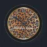 Horloge Ronde Leopard Print Black Gold Personalized Wall Clock<br><div class="desc">Leopard Print Black Gold Personalized Wall Clock. Customize with any text.</div>