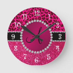 Horloge Ronde Léopard rose parties scintillant rose monogramme