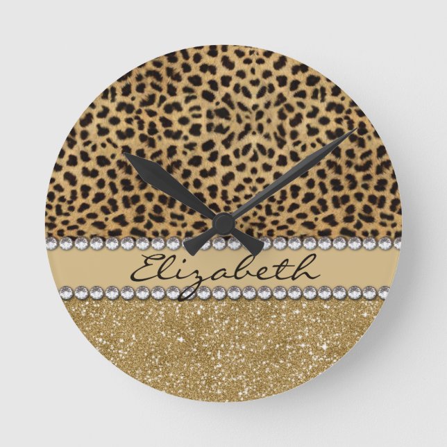 Horloge Ronde Léopard Spot Gold Glitter Rhinestone PHOTO PRINT (Recto)