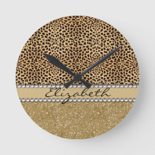 Horloge Ronde Leopard Spot Gold Glitter Rhinestone PHOTO PRINT