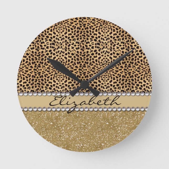 Horloge Ronde Leopard Spot Gold Glitter Rhinestone PHOTO PRINT (Recto)