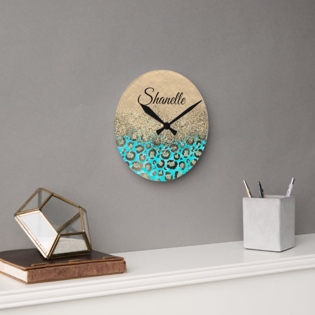 Horloge Ronde Léopard turquoise brillant (Bureau)