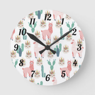 Horloge Ronde Les enfants de Cute Pink Llamas et Green Cactus