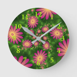 Horloge Ronde Les fleurs de Imaginaire rose Art Fractal Abstrait