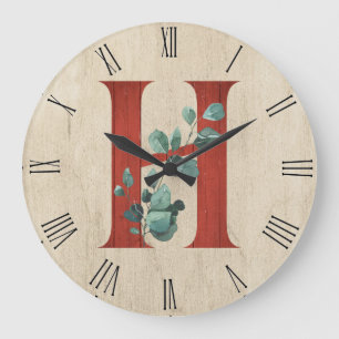 Horloge Ronde LETTRE H EN BOIS rustique ET Eucalyptus H GRANDE h