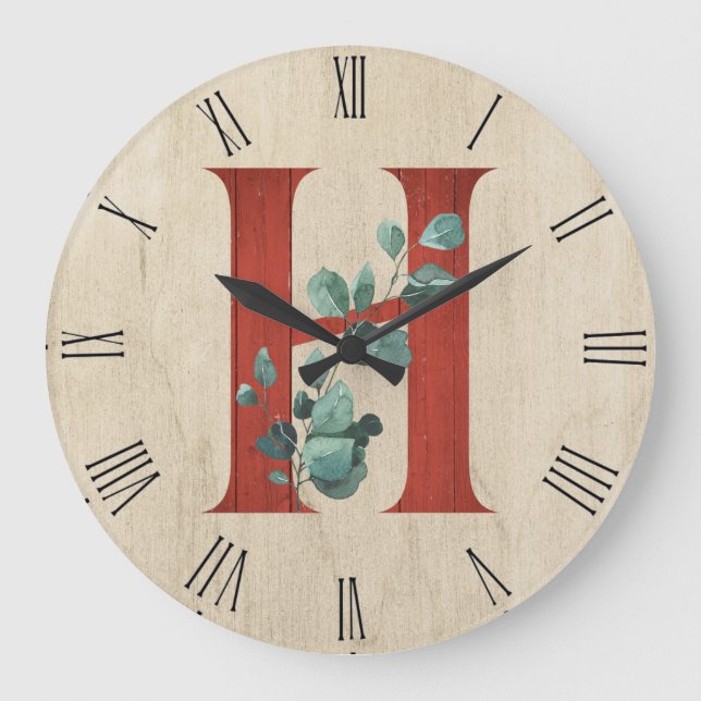 Horloge Ronde LETTRE H EN BOIS rustique ET Eucalyptus H GRANDE h (Recto)