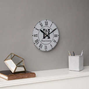 Horloge Ronde LETTRE MONOGRAPHIQUE GRAY ET NOIR Floral H Personn