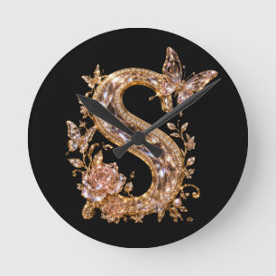 Horloge Ronde Lettre S en cristal doré royal Monogramme de lux