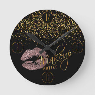 Horloge Ronde Lèvres de maquilleur et confettis roses