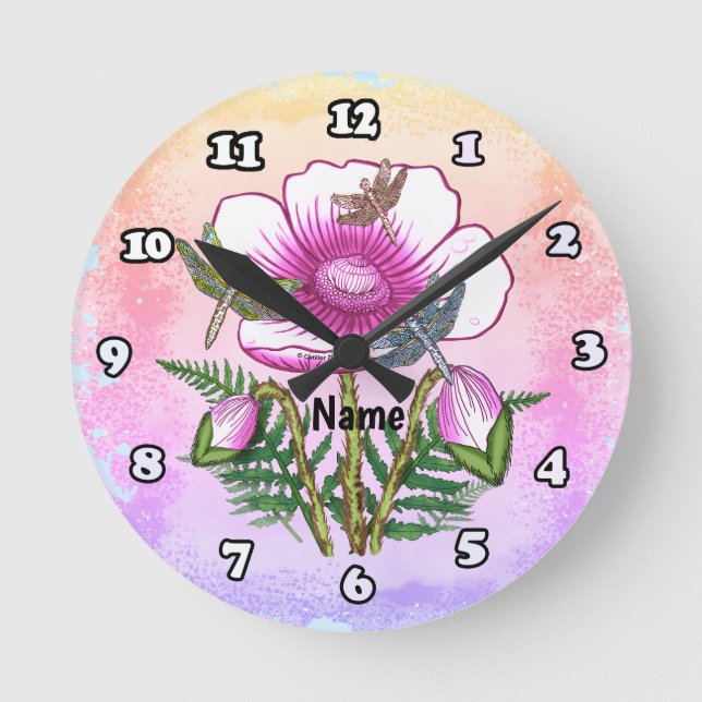 Horloge Ronde Libellule Coquelicot Rose (Recto)
