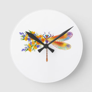 Horloge Ronde libellule de fleurs jaunes