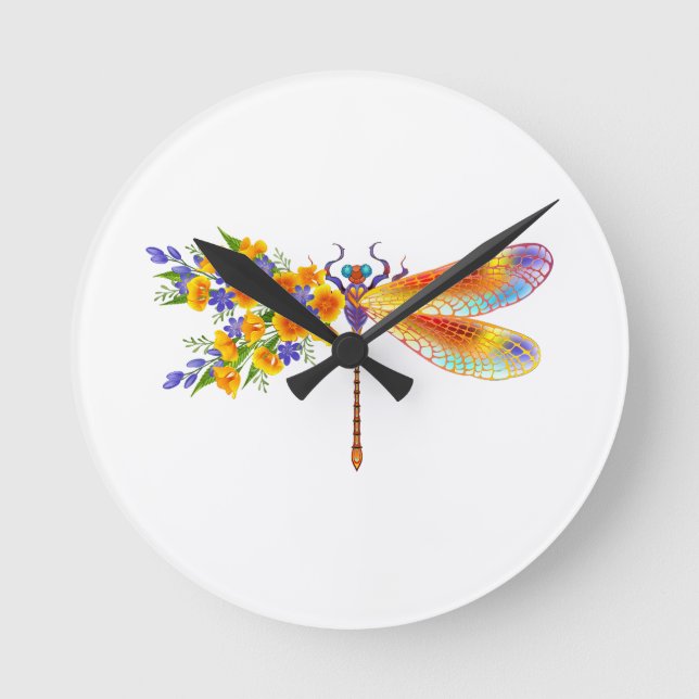 Horloge Ronde libellule de fleurs jaunes (Recto)