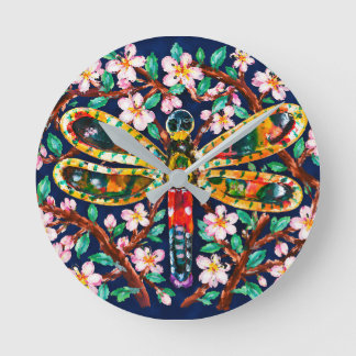 Horloge Ronde Libellule et Fleur de Cerisier