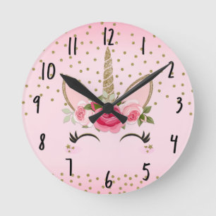 Horloge Ronde Licorne Fleurale Rose et Paillettes Dorées