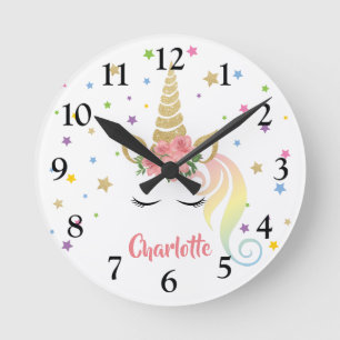 Horloge Ronde Licorne Magique Féminine & Étoiles Personnalisées