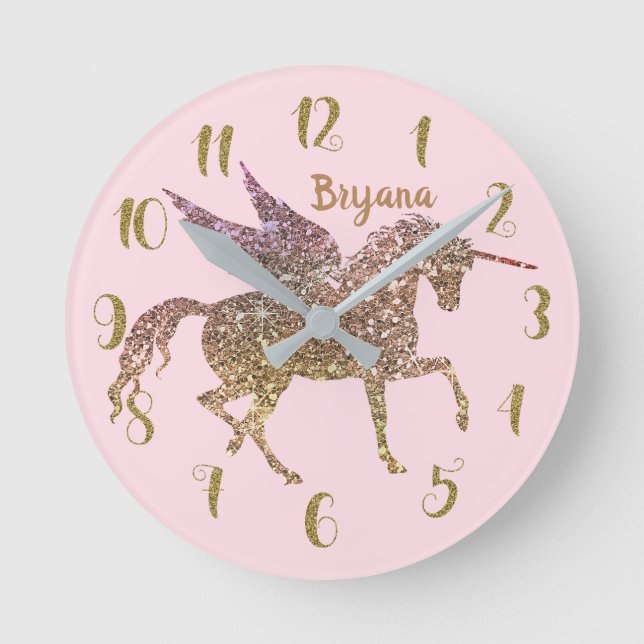 Horloge Ronde Licorne Pégase Paillettes Dorées Tendances TOUTE C (Recto)